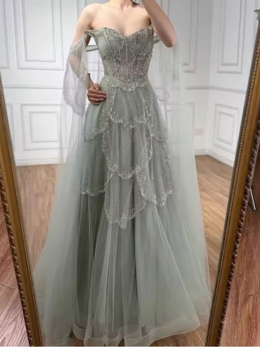 Off-Shoulder Sage Green Beaded Tulle Evening Gown